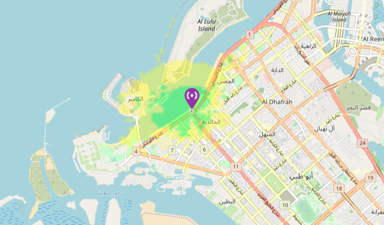 FM Coverage Map for FM 1W at 4m at Abu Dhabi Cornice